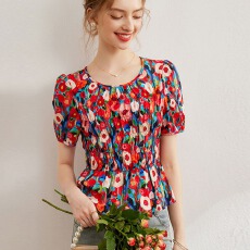 批发优雅碎花<b class='q'>衬衣</b>26夏季圆领印花打揽修身泡泡短袖女式衬