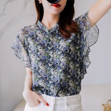 批发玉米高端2026年夏季新款洋气小清新甜美碎花荷叶袖<b class='q'>真丝</b><b class='q'>衬衫</b>上衣女