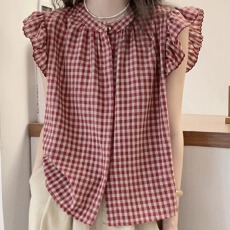 批发甜美减龄飞飞袖格纹衬衫夏季薄款显瘦百搭雪纺衬衣休闲简约上衣女