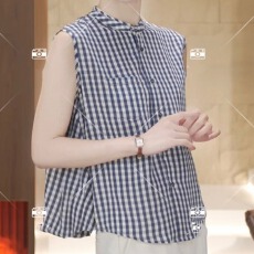 批发单排扣休闲格子<b class='q'>衬衫</b>别致设计感上衣2026夏季流行叠穿无袖背心小衫
