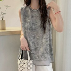 批发2026夏季新款设计感拼网纱假两件<b class='q'>印花</b>无袖洋气小衫上衣