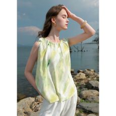 批发2026夏季新款宽松无袖晕染<b class='q'>印花</b><b class='q'>雪纺衫</b>挂脖式圆领小衫衬衫女