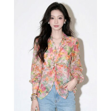 批发法式碎花设计扭结衬衫女装<b class='q'>夏季</b>新款防晒减龄显瘦洋气别致时尚上衣