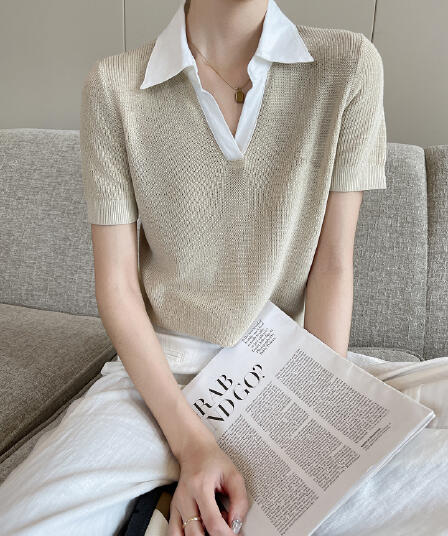 카키 색 니트 반팔 티셔츠 여성 2026 여름 POLO 칼라 캐주얼 루즈핏 출퇴근 다용도 맨위