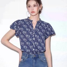 批发碎花泡泡袖衬衫女时尚夏季显瘦百搭减龄温柔气质设计上衣