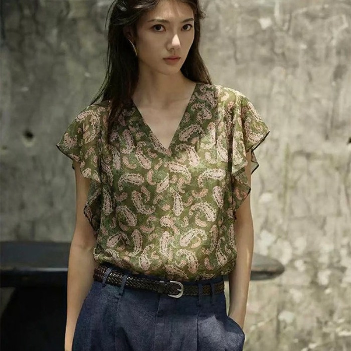 V领时尚碎花短袖雪纺衫女夏季百搭气质减龄舒适上衣潮   服裝批發女裝批發服飾貨源