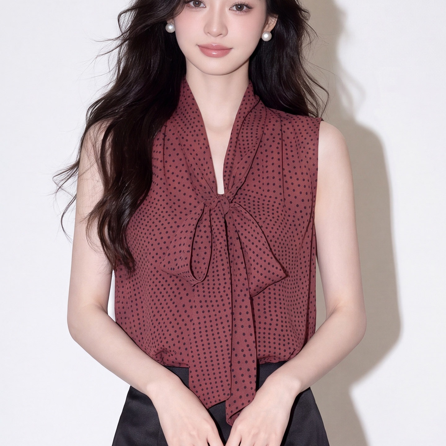 法式V领飘带波点无袖衬衫女夏季新款独特漂亮设计感上衣   服裝批發女裝批發服飾貨源