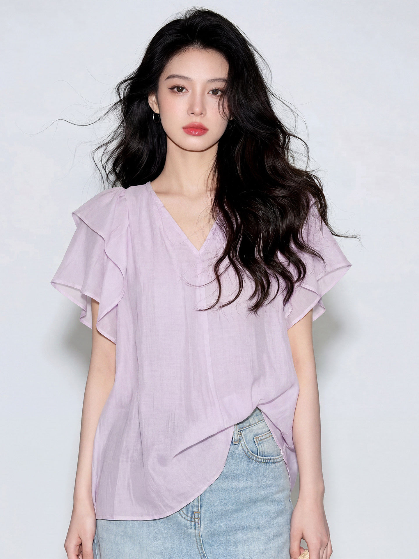 夏日绝美设计感上衣女新款小众设计感独特漂亮宽松荷叶袖衬衫   服裝批發女裝批發服飾貨源