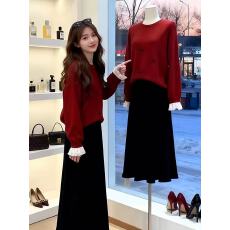 批发新年战袍针织红色连衣裙女2025<b class='q'>冬</b>季毛衣上衣半身裙高级感两件套装