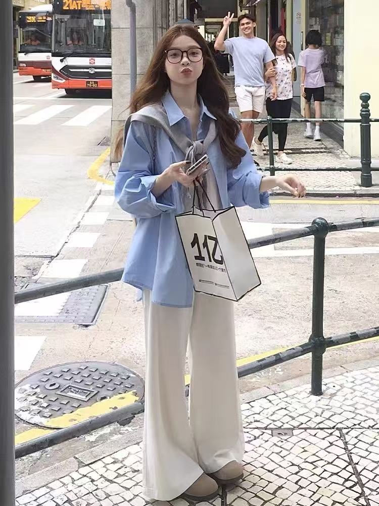 봄 새로운 학원 스타일 파란색 폴로 칼라 여성 셔츠 디자인 센스 작은 대중 루즈핏 캐주얼 와이드 레그 팬츠 투피스 슈트
