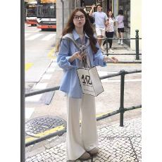 批发学院风蓝色翻领<b class='q'>衬衫</b>女设计感小众宽松休闲阔腿<b class='q'>裤</b><b class='q'>两件套装</b>