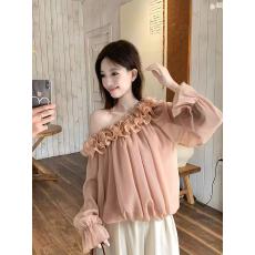 批发甜美法式一字肩长袖<b class='q'>雪纺</b><b class='q'>衫</b>衬衫女2026春季新款设计感立体花朵上衣