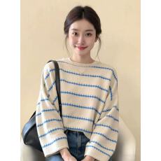 批发韩系米色条纹圆领针织长袖T恤女2026春季超火轻熟小众不撞款上衣