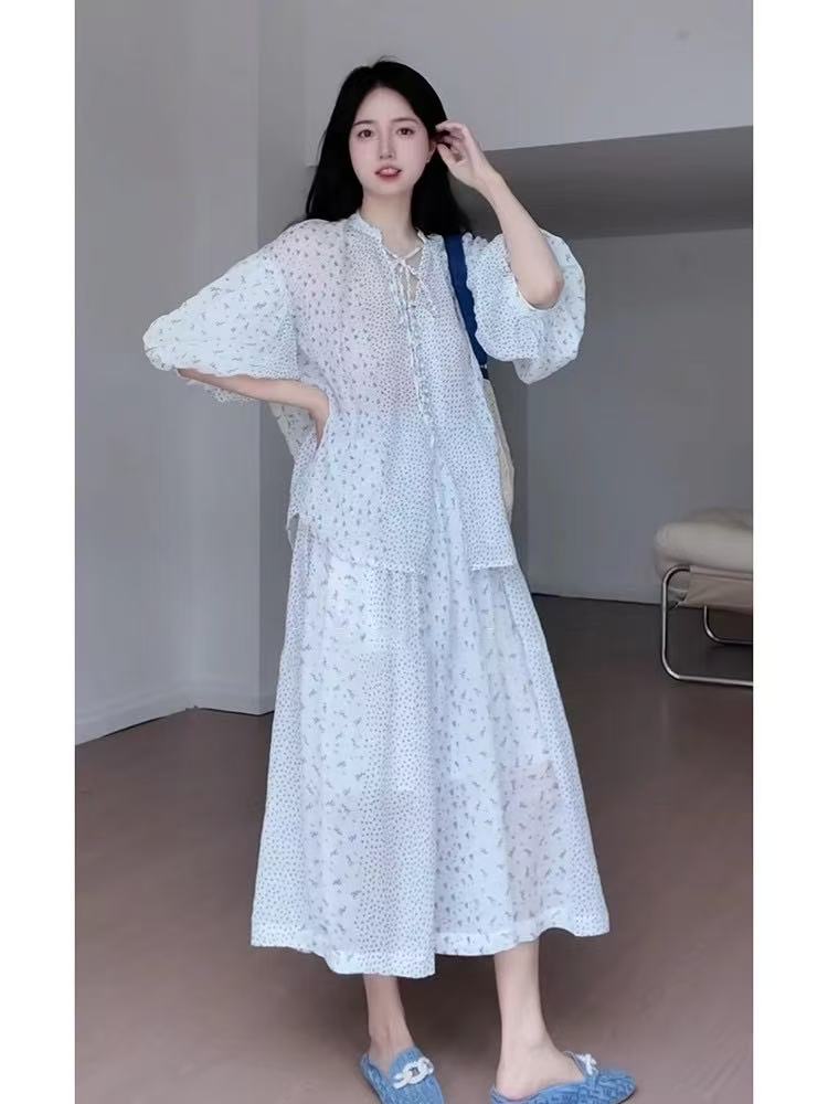 봄 여름 새로운 고급 캐주얼 세트 여성 부드러운 바람 꽃무늬 긴팔 셔츠 맨위 화이트 반신 스커트