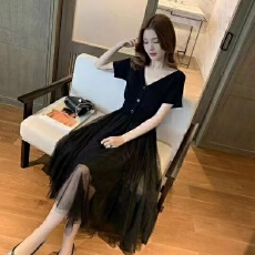 批发超仙法式桔梗连衣裙女<b class='q'>夏季</b>针织短袖V领网纱拼接收腰显瘦气质A字裙