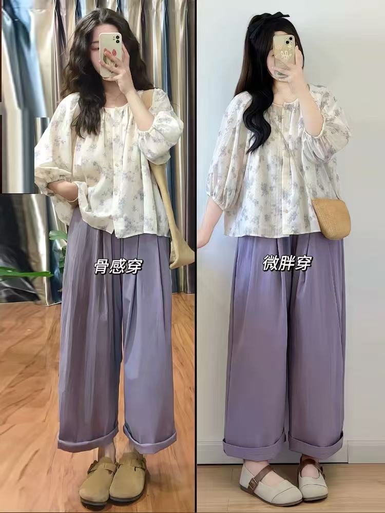 초여름 연령 감소 착용 가져 가라. 전체 집합 프랑스식 꽃무늬 거품 소매 셔츠 맨위 보라색 넓은 다리 캐주얼 바지 투피스 세트