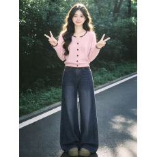 批发2026松弛感穿搭套装韩系针织上衣阔腿牛仔裤修身两件套