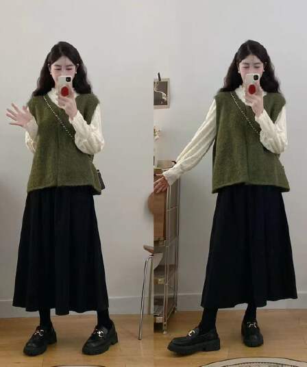 빅 사이즈 지방 mm 표지 고기 슬림해 보이는 세 조각 세트 여성 가을 니트 조끼 베스트 작은 대중 기본 셔츠 반신 치마