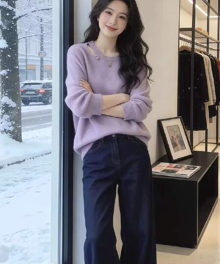 2026 자이언트 잘 생긴 한 부서 아름다운 부드러운 느긋한 보라색 홀로우 아웃 부드러운 찹쌀 니트 스웨터 스웨터 청바지 세트