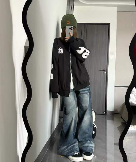 xkshuo 아메리칸 거리 알파벳 막대기 가죽 자수 플라잉 재킷 남녀 루즈핏 캐주얼 야구 지퍼 재킷