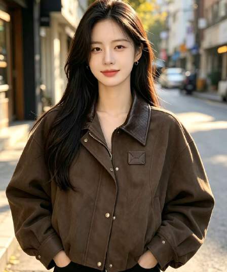 레트로 한 부서 가죽 스티칭 폴로 칼라 루즈핏 가을 어깨 쇼트 스타일 재킷 2026 가을 새로운