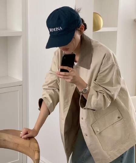 한국 chic 가을 새로운 레트로 품격 배색 폴로 칼라 어둠 버클 더블 주머니 루즈핏 긴팔 바람막이 여성 코트