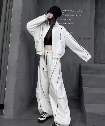 m 홈 조수 브랜드 패션 봄 가을 새로운 세트 여성 스탠드 칼라 오픈 가디건 후드티 야구 외투 와이드 레그 팬츠 투피스 세트