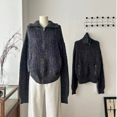 批发蝶宝嘻 le*re深灰粗棒针立领毛衣开衫上衣外套女秋冬 超厚实一件