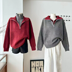 批发老钱风半拉链假两件毛衣女秋冬季新品简约基础百搭保暖套头针织<b class='q'>衫</b>