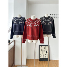 批发费尔岛<b class='q'>手工</b>钩花<b class='q'>毛衣</b>开衫女秋冬加 厚设计感宽松全羊毛针织外套