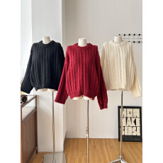 批发<b class='q'>韩</b>系慵懒<b class='q'>风</b>红色麻花针织衫女冬季宽松保暖毛衣圣诞氛围感穿搭上衣