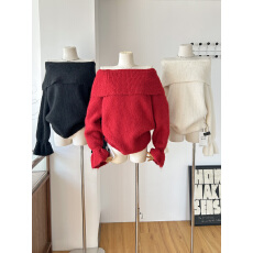 批发法式<b class='q'>荷叶边</b>一字肩喇叭袖红色<b class='q'>毛衣</b>女装秋冬气质慵懒设计感针织上衣