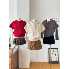 批发韩代简约polo领短袖针织衫女2025冬季新款气质疊穿显瘦毛衣T恤潮