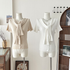 批发区区欧阳 假两件披肩针织开衫女<b class='q'>夏</b>季薄款慵懒风宽松圆领短袖上衣