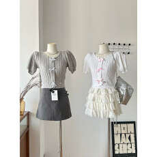 批发kroche明星同款 撞色<b class='q'>手工</b>蝴蝶结麻花纹针织短袖芭蕾风上衣春