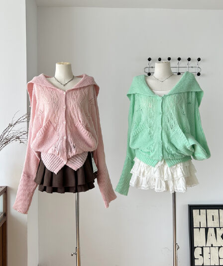 followqueen 디자인 센스 폴로 칼라 홀로우 아웃 니트 오픈 가디건 26 봄 한 부서 캐주얼 다용도 슬림해 보이는 맨위 여성