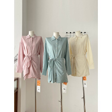 批发区区欧阳绑带<b class='q'>长袖</b><b class='q'>衬衫</b>连衣裙女夏季新款防晒薄款法式收腰显瘦短裙