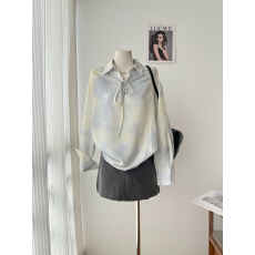 批发长袖2026春夏水墨系带缎面衬衫女宽松显瘦套头上衣设计感小众气质