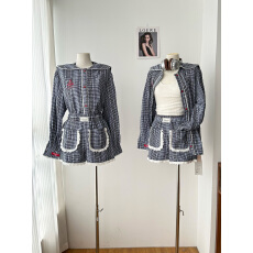 批发2026撞色绣花海军领长袖肌理感防晒衬衫短<b class='q'>裤</b>休闲套<b class='q'>装</b>女