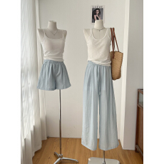 批发YANGLE_亚麻衬衫短裤套装<b class='q'>女</b>春季新款老钱风慵懒宽松休闲直筒<b class='q'>长裤</b>