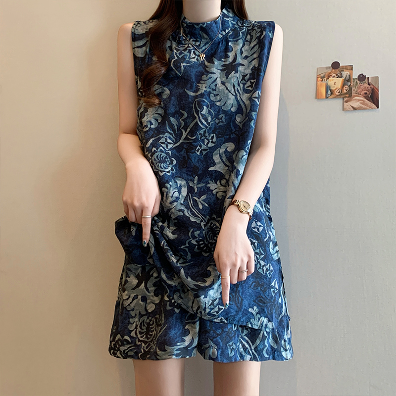 MY11407# 夏季新款大码复古国风新中式印花气质显瘦背心短裤两件套女裝...