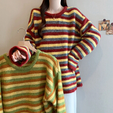 批发实拍2025冬季新款大码女装<b class='q'>韩版</b>宽松慵懒风休闲百搭条纹针织上衣