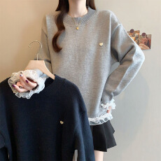 批发实拍2025秋冬新款大码女韩系宽松慵懒风蕾丝设计拼接加厚针织上衣