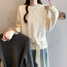 批发实拍2025秋冬新款大码女装时尚气质宽松慵懒腰带设计针织套头上衣