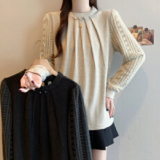 批发实拍2025秋<b class='q'>冬</b>新款大码女装时尚设计钉珠蕾丝拼接针织打底衬衫上衣