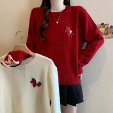 批发实拍2025冬季新款大码女装韩系时尚百搭小马刺绣简约针织打底上衣