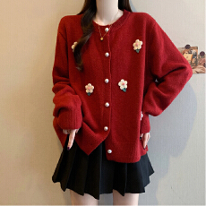 批发实拍2025冬季新款大码女复古时尚宽松慵懒风花朵装饰针织开衫上衣