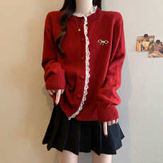 批发实拍2025冬季新款大码女装时尚设计蕾丝花边拼接针织开衫毛衣外套