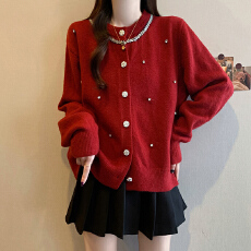 批发实拍2025冬季新款<b class='q'>大码</b><b class='q'>女</b>法式小香风重工镶钻圆领宽松针织开衫<b class='q'>外套</b>