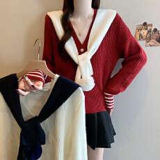 批发实拍2025冬季新款<b class='q'>大码</b><b class='q'>女</b>韩系学院风撞色小众绑带设计针织开衫<b class='q'>外套</b>